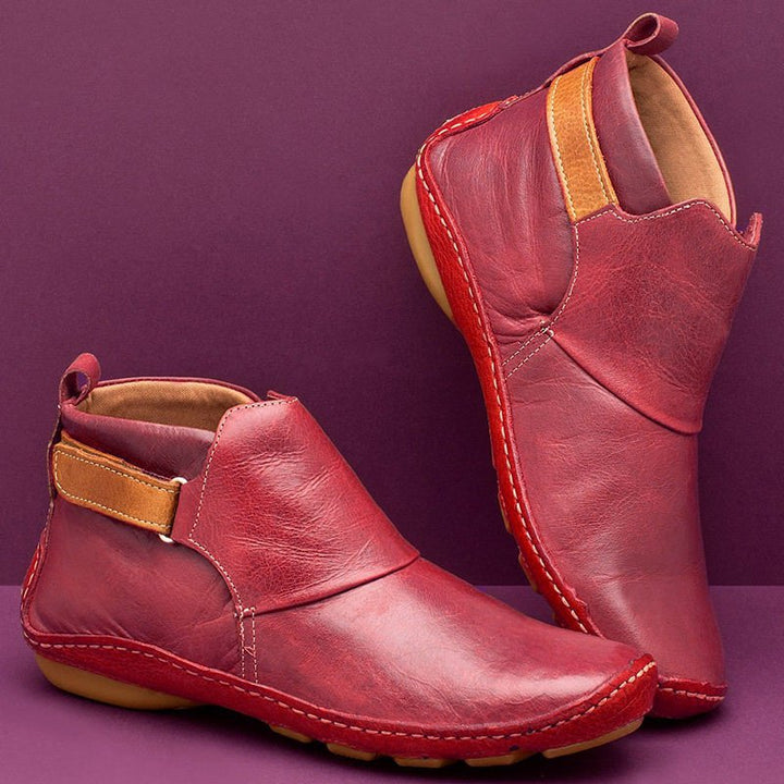 Damen nan knöchelhohe Soft-Lederimitat-Stiefelette mit verstellbarem Klettriemen, gepolstertem Schaft und flexibler Profilsohle Drune