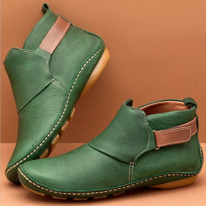 Damen nan knöchelhohe Soft-Lederimitat-Stiefelette mit verstellbarem Klettriemen, gepolstertem Schaft und flexibler Profilsohle Drune