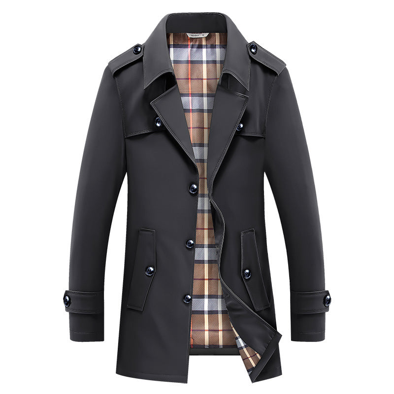 Herren klassischer Trenchcoat mit kariertem Innenfutter, Schulterklappen und wasserabweisender Oberfläche Drune