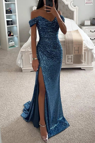 Drune | Pailletten Off-Shoulder Raffung Schlitz Abend Maxi Kleid
