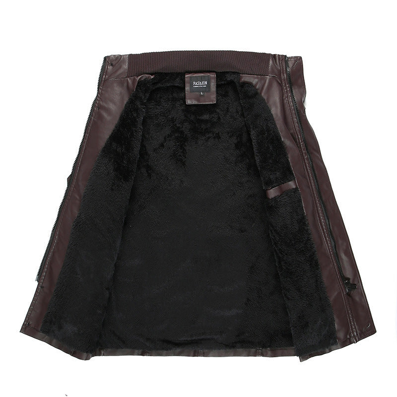 Herren Lederjacke mit Teddyfutter, Taillengürtel und Stehkragen Drune
