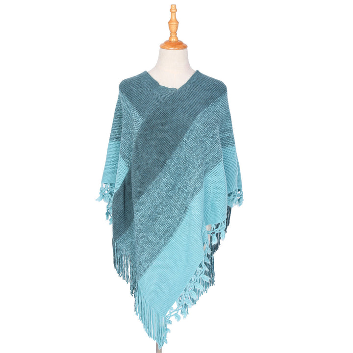 Damen Strick‑Ruana‑Poncho mit V‑Ausschnitt, asymmetrischem Zipfel und gehäkelten Fransen Drune