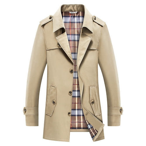 Herren klassischer Trenchcoat mit kariertem Innenfutter, Schulterklappen und wasserabweisender Oberfläche Drune