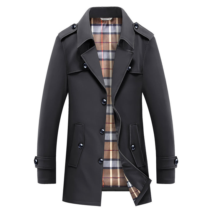 Herren klassischer Trenchcoat mit kariertem Innenfutter, Schulterklappen und wasserabweisender Oberfläche Drune