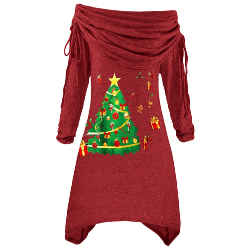 Damen lässiges Weihnachtskleid mit schulterfreiem Design und festlichem Druck Drune