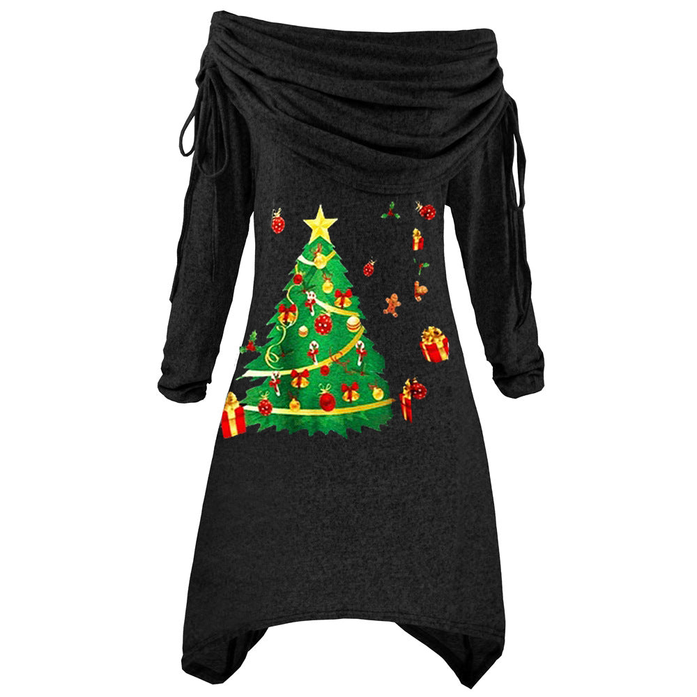 Damen lässiges Weihnachtskleid mit schulterfreiem Design und festlichem Druck Drune