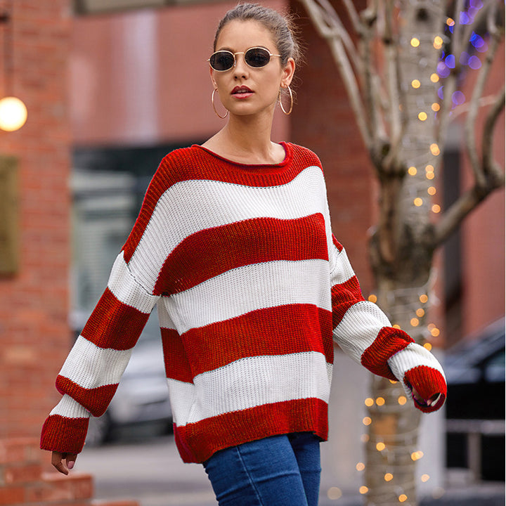 Damen lässiger Strickpullover mit breiten Streifen Drune
