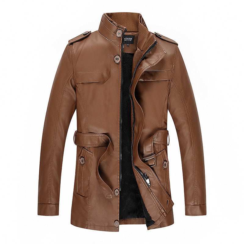 Herren Lederjacke mit Teddyfutter, Taillengürtel und Stehkragen Drune
