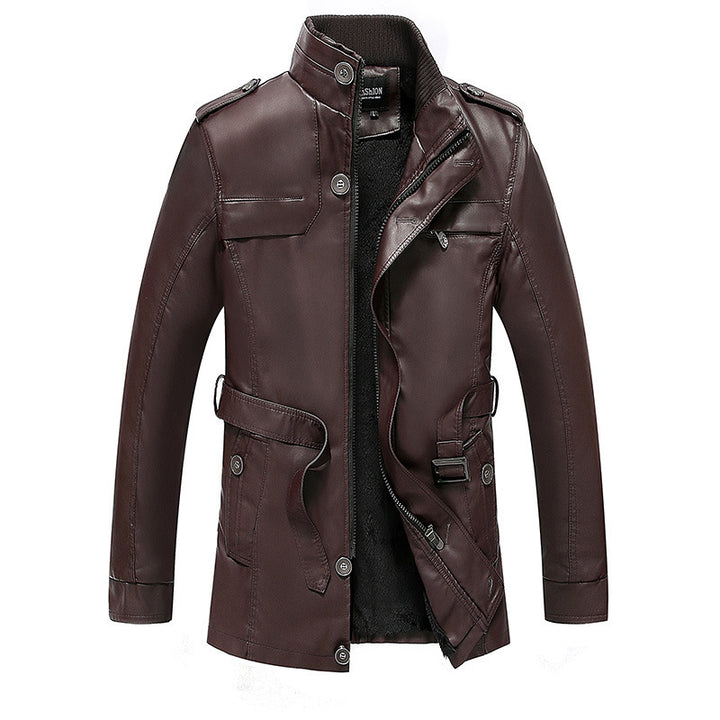 Herren Lederjacke mit Teddyfutter, Taillengürtel und Stehkragen Drune