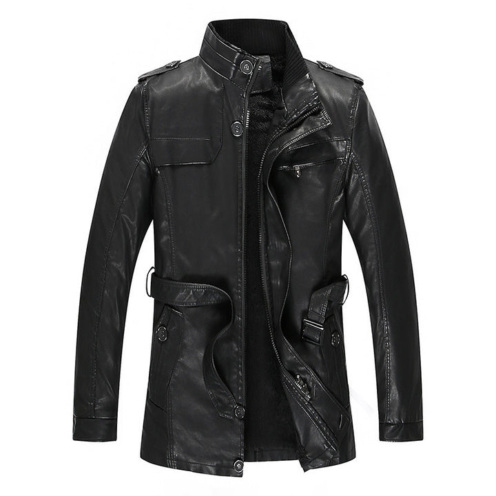 Herren Lederjacke mit Teddyfutter, Taillengürtel und Stehkragen Drune