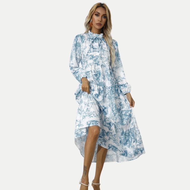 Drune | Toile-Druck Midi-Kleid mit hohem Kragen