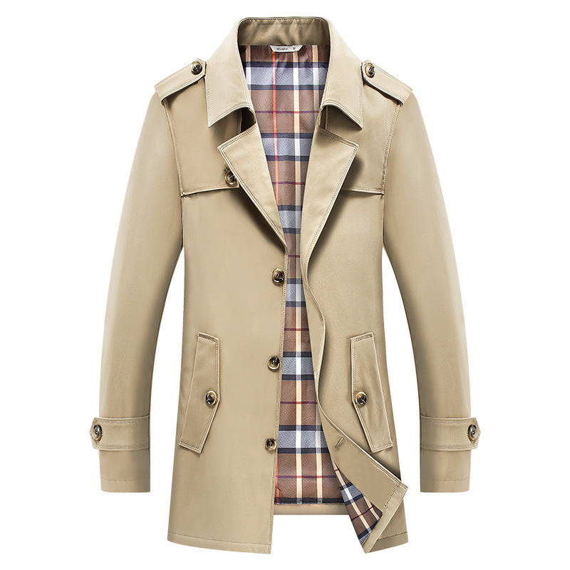 Herren klassischer Trenchcoat mit kariertem Innenfutter, Schulterklappen und wasserabweisender Oberfläche Drune