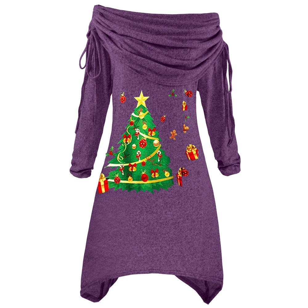 Damen lässiges Weihnachtskleid mit schulterfreiem Design und festlichem Druck Drune