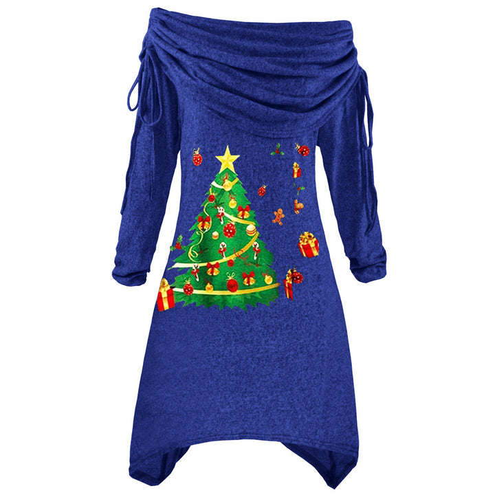 Damen lässiges Weihnachtskleid mit schulterfreiem Design und festlichem Druck Drune