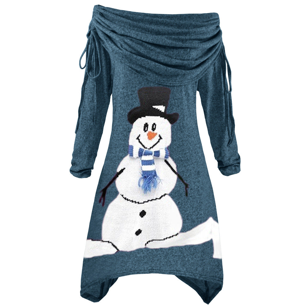 Damen lässiges Weihnachtskleid mit schulterfreiem Design und Schneemann-Motiv Drune