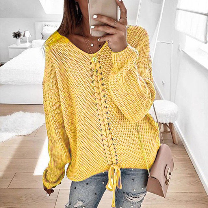 Damen Oversize Strickpullover mit V-Ausschnitt, Zopfstrick und Schnürung Drune