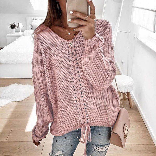 Damen Großer Strickpullover mit tiefem V-Ausschnitt und dekorativem Kordeldetail Drune