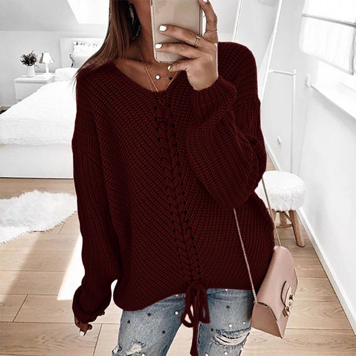 Damen Oversize Strickpullover mit V-Ausschnitt, Zopfstrick und Schnürung Drune