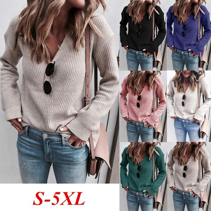 Damen Feinstrickpullover mit V-Ausschnitt, Rippstruktur und leicht ausgestellten Ärmeln Drune
