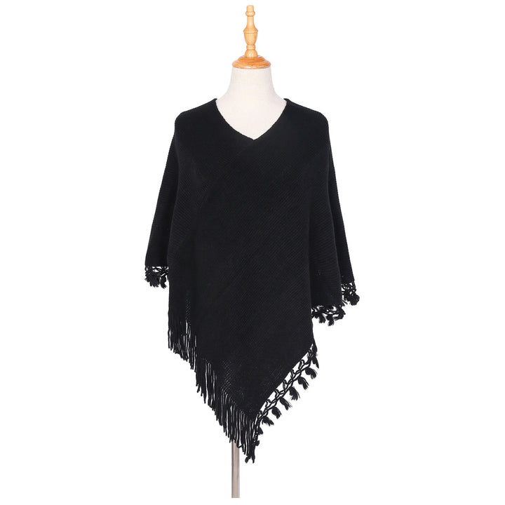 Damen Strick‑Ruana‑Poncho mit V‑Ausschnitt, asymmetrischem Zipfel und gehäkelten Fransen Drune