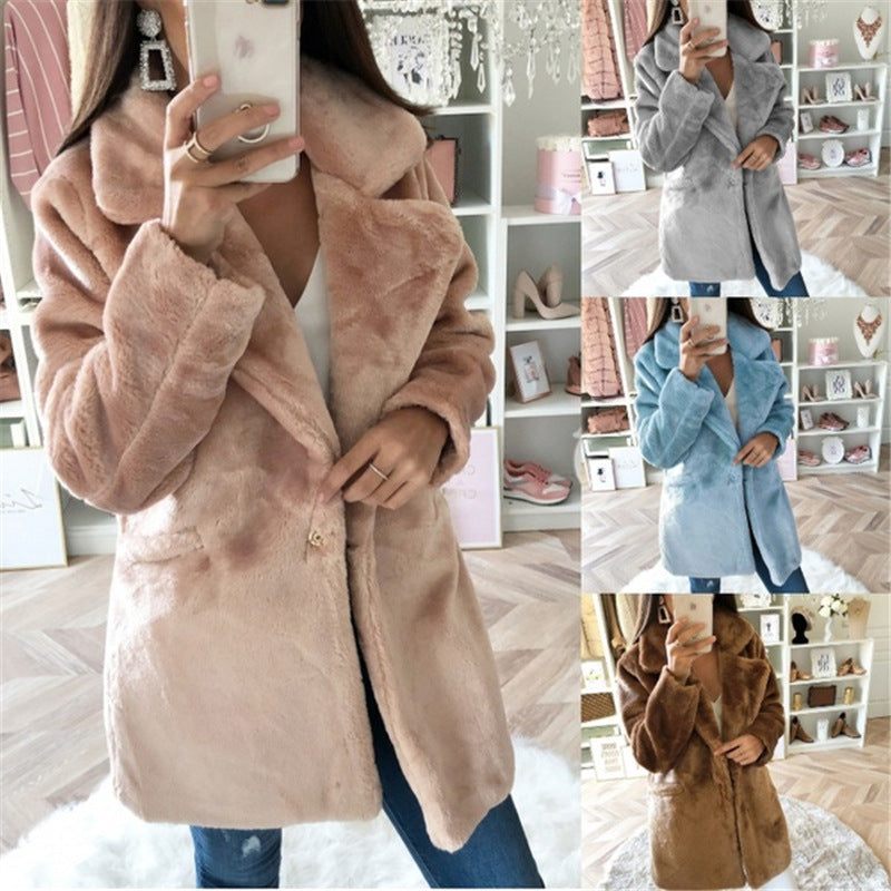 Damen Teddy-Faux-Fur Mantel mit Reverskragen und aufgesetzten Taschen Drune