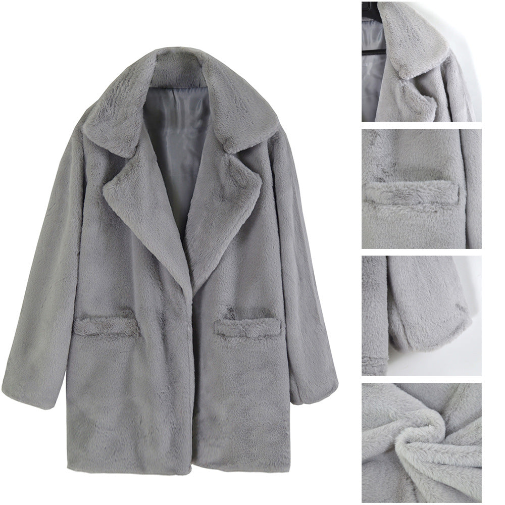 Damen Teddy-Faux-Fur Mantel mit Reverskragen und aufgesetzten Taschen Drune