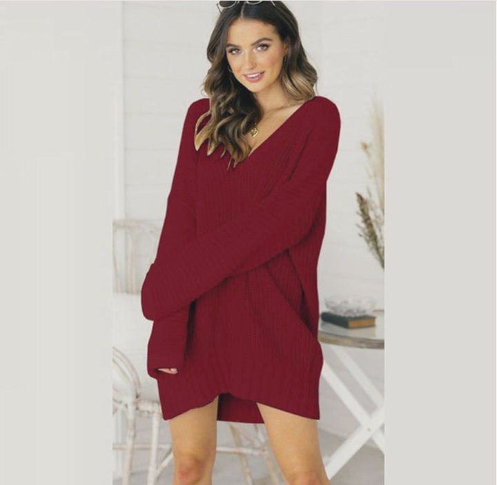 Damen Grobstrick Pulloverkleid mit V-Ausschnitt und lässigem Schnitt Drune