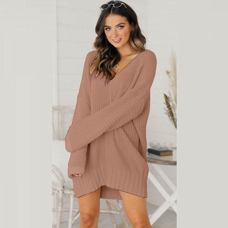 Damen Grobstrick Pulloverkleid mit V-Ausschnitt und lässigem Schnitt Drune