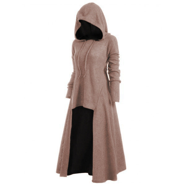 Damen nan gestrickter Kapuzenmantel mit ausgestelltem Maxirock und asymmetrischem Saum Drune
