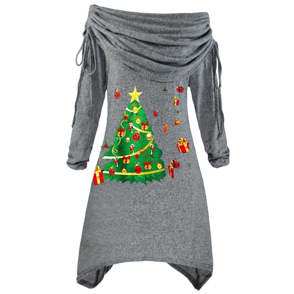 Damen lässiges Weihnachtskleid mit schulterfreiem Design und festlichem Druck Drune