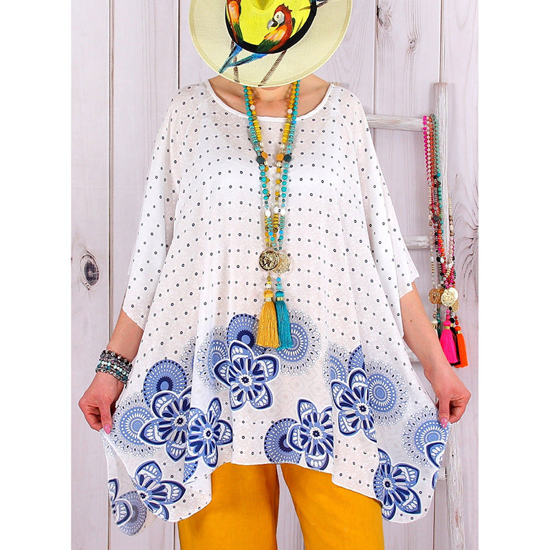 Damen fließende Viskose-Mix-Tunika im Boho-Stil mit floralem Besatz, asymmetrischem Saum und 3/4-Ärmeln Drune
