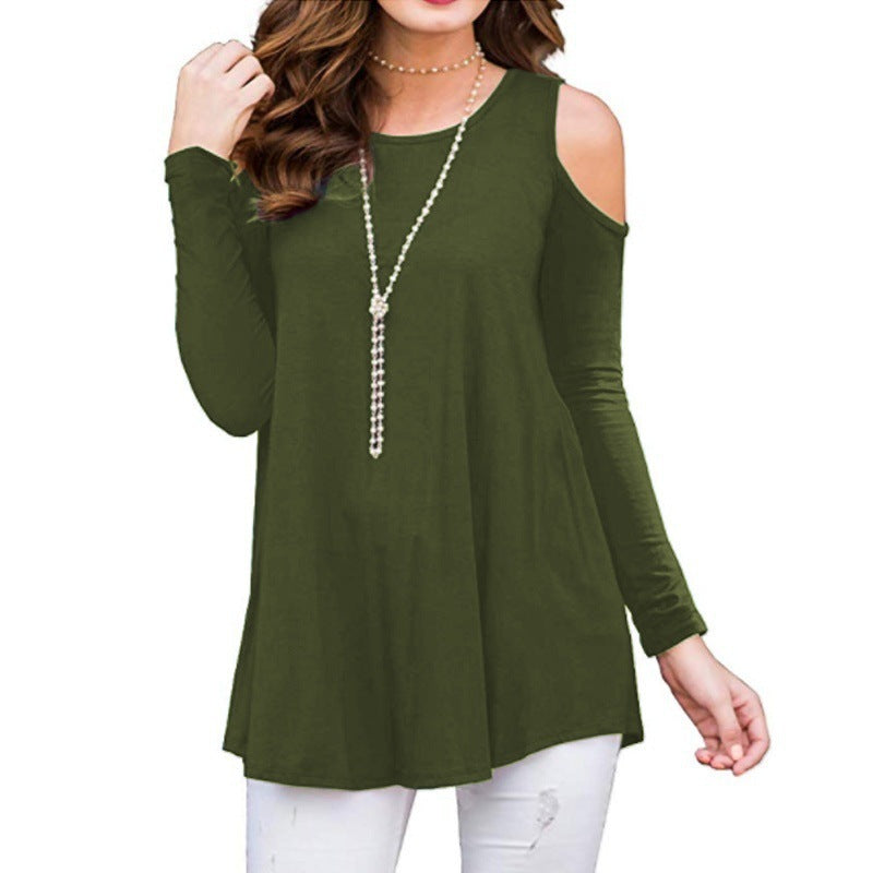 Damen Soft Viskose Jersey Langarm Tunika mit ausgeschnittenem Schulterbereich und ausgestelltem A-Linien Kleid