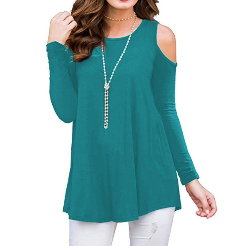 Damen Soft Viskose Jersey Langarm Tunika mit ausgeschnittenem Schulterbereich und ausgestelltem A-Linien Kleid