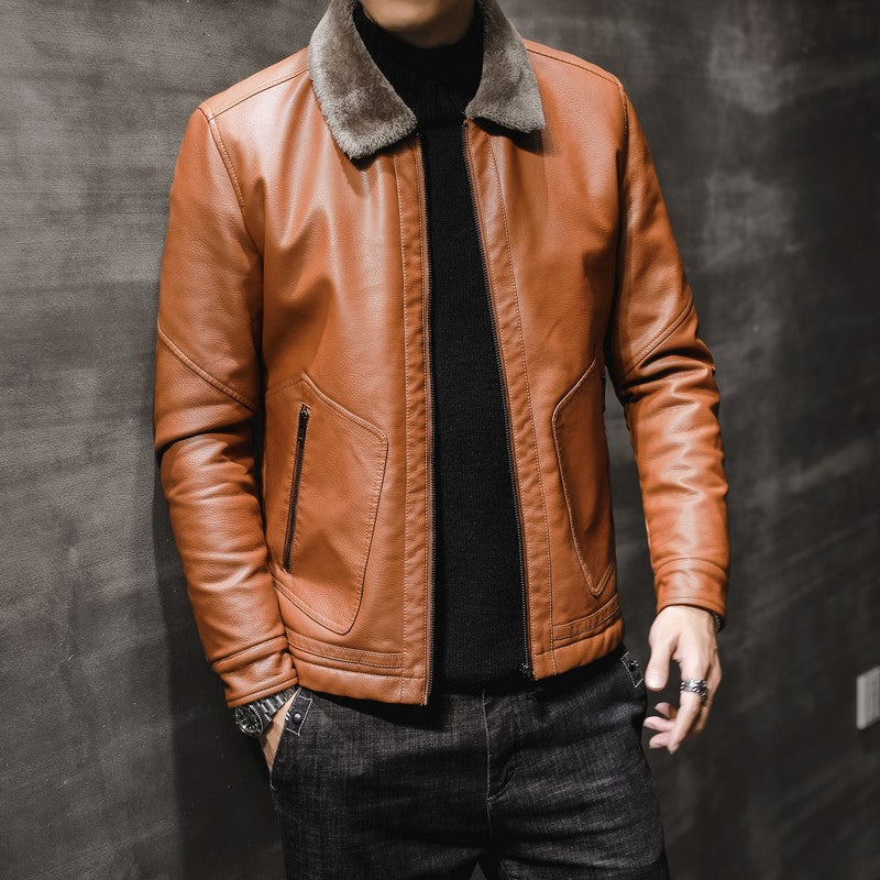 Herren klassische Lederoptik‑Fliegerjacke mit Teddykragen und verdecktem Reißverschluss Drune