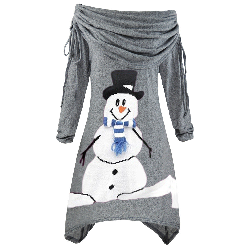Damen lässiges Weihnachtskleid mit schulterfreiem Design und Schneemann-Motiv Drune