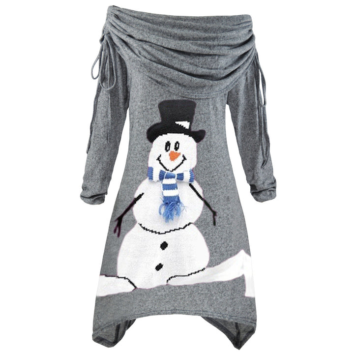 Damen lässiges Weihnachtskleid mit schulterfreiem Design und Schneemann-Motiv Drune