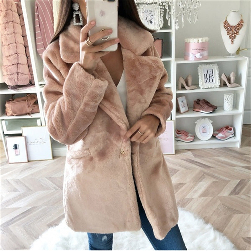 Damen Teddy-Faux-Fur Mantel mit Reverskragen und aufgesetzten Taschen Drune