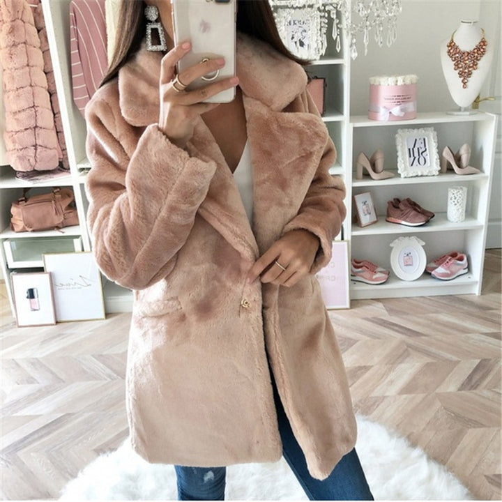 Damen Teddy-Faux-Fur Mantel mit Reverskragen und aufgesetzten Taschen Drune