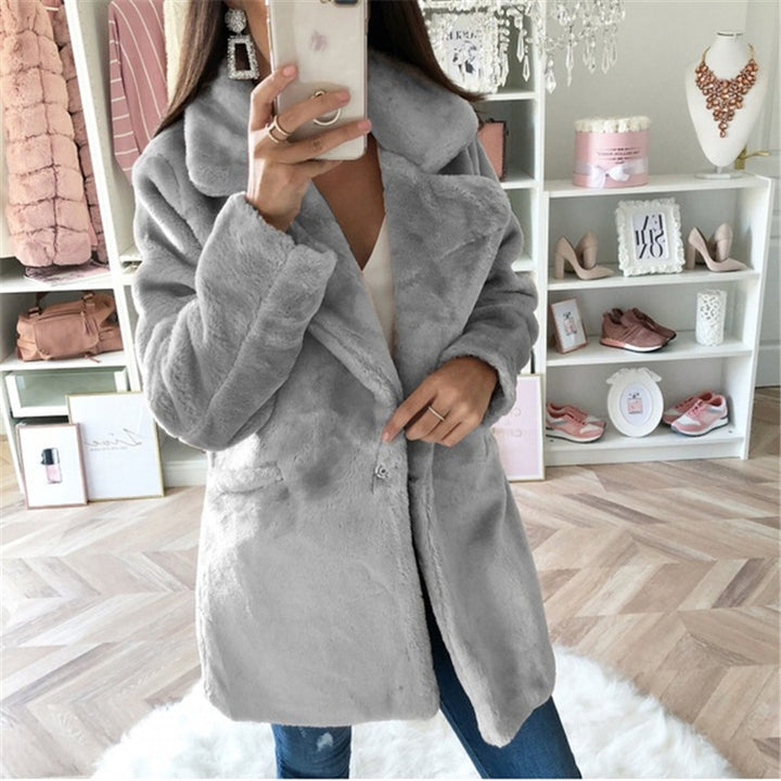 Damen Teddy-Faux-Fur Mantel mit Reverskragen und aufgesetzten Taschen Drune