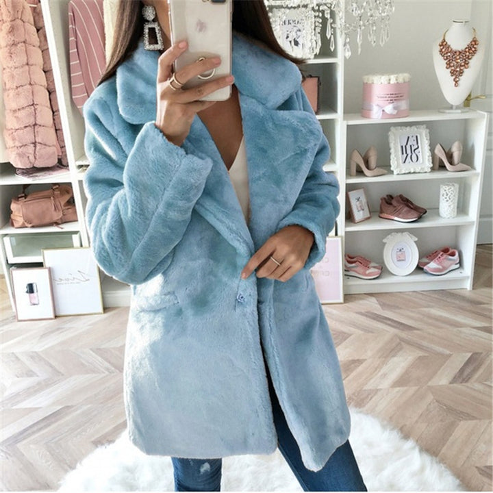 Damen Teddy-Faux-Fur Mantel mit Reverskragen und aufgesetzten Taschen Drune