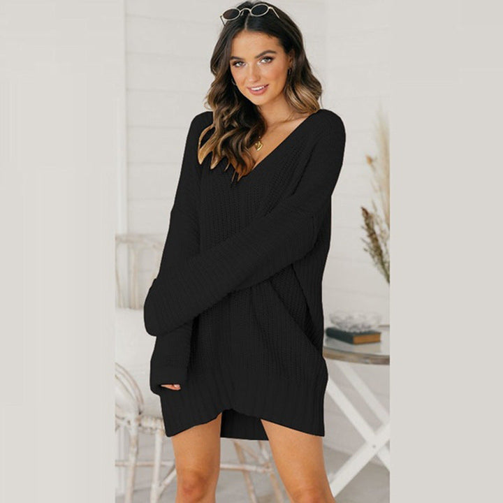 Damen Grobstrick Pulloverkleid mit V-Ausschnitt und lässigem Schnitt Drune