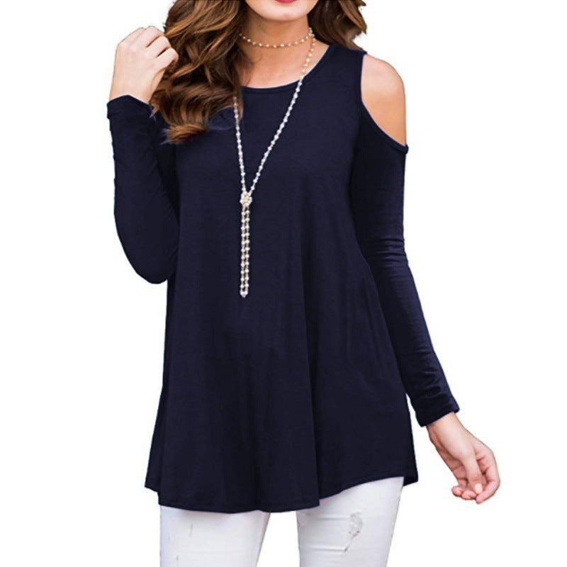 Damen Soft Viskose Jersey Langarm Tunika mit ausgeschnittenem Schulterbereich und ausgestelltem A-Linien Kleid