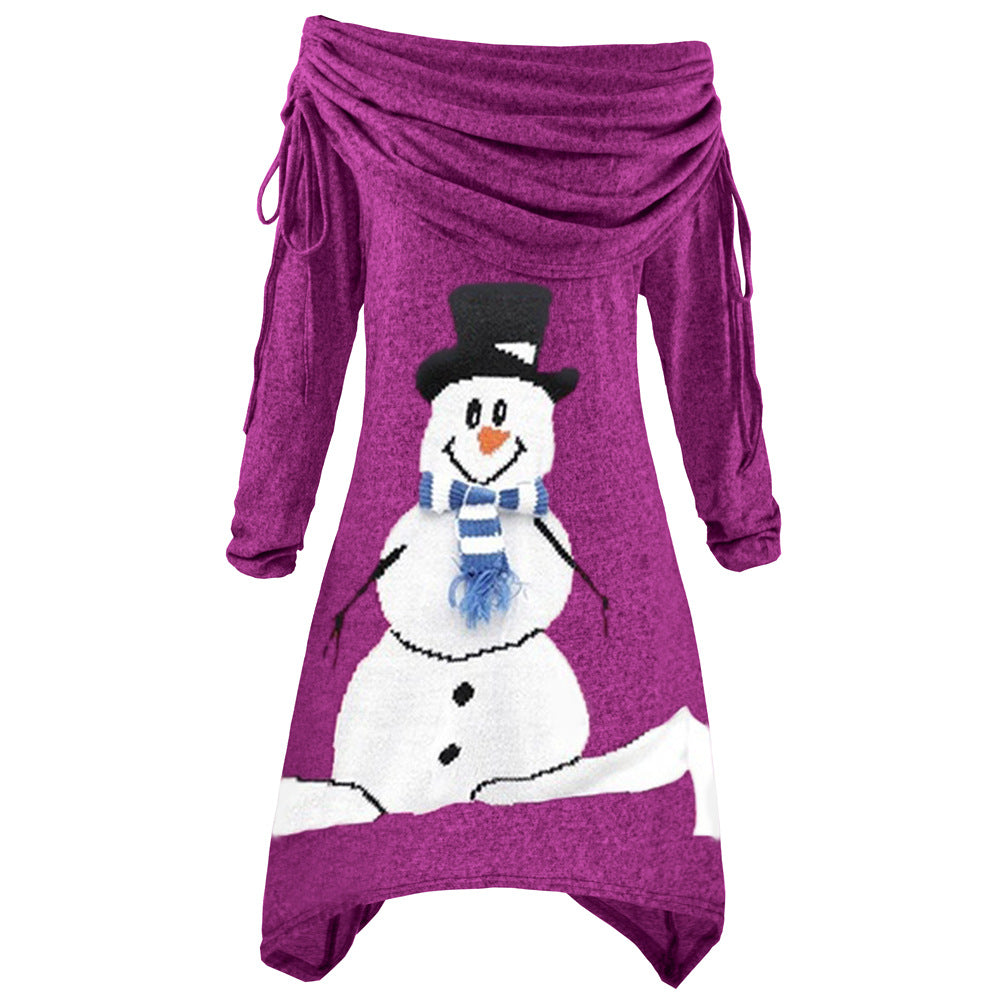 Damen lässiges Weihnachtskleid mit schulterfreiem Design und Schneemann-Motiv Drune