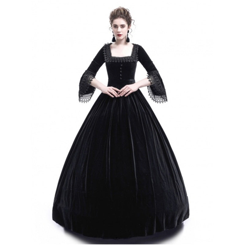 Damen Viktorianisches Samt-Ballkleid mit geraffter Taille und Spitzenärmeln Drune