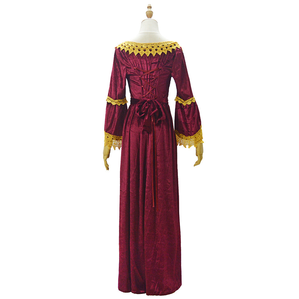 Damen Viktorianisches Samt-Ballkleid mit geraffter Taille und Spitzenärmeln Drune
