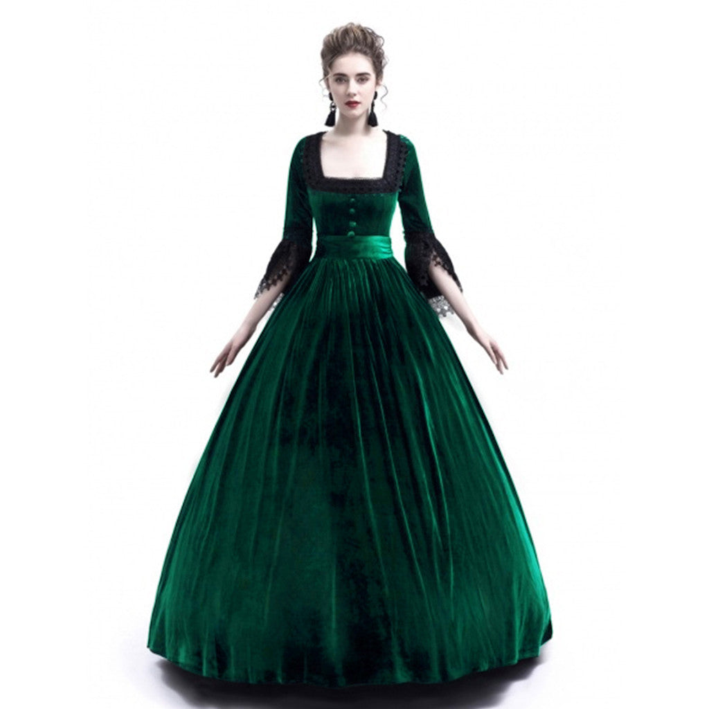 Damen Viktorianisches Samt-Ballkleid mit geraffter Taille und Spitzenärmeln Drune