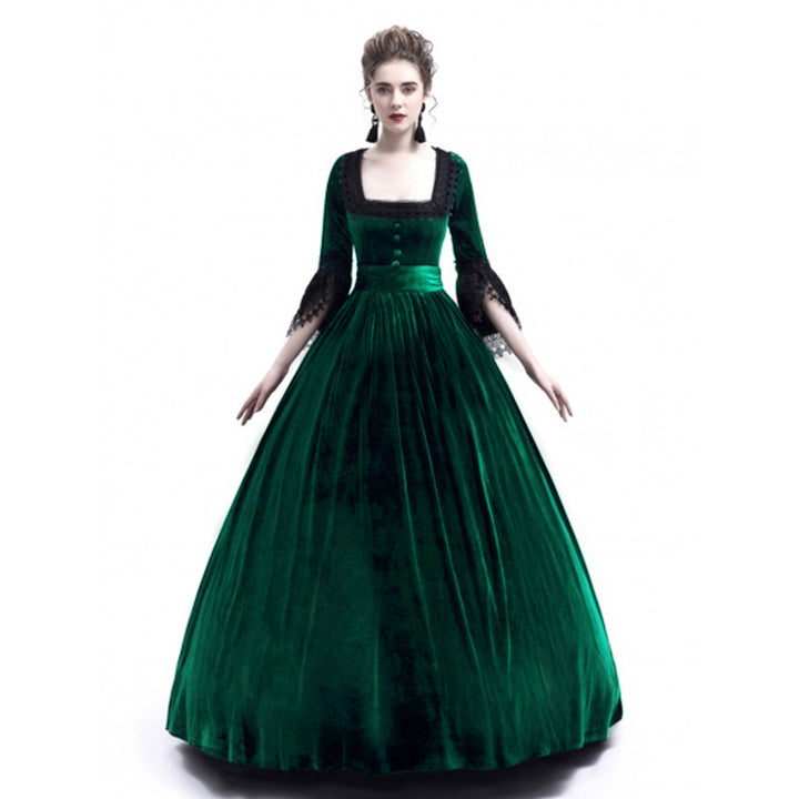 Damen Viktorianisches Samt-Ballkleid mit geraffter Taille und Spitzenärmeln Drune