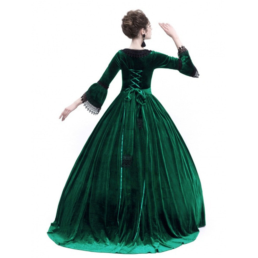 Damen Viktorianisches Samt-Ballkleid mit geraffter Taille und Spitzenärmeln Drune