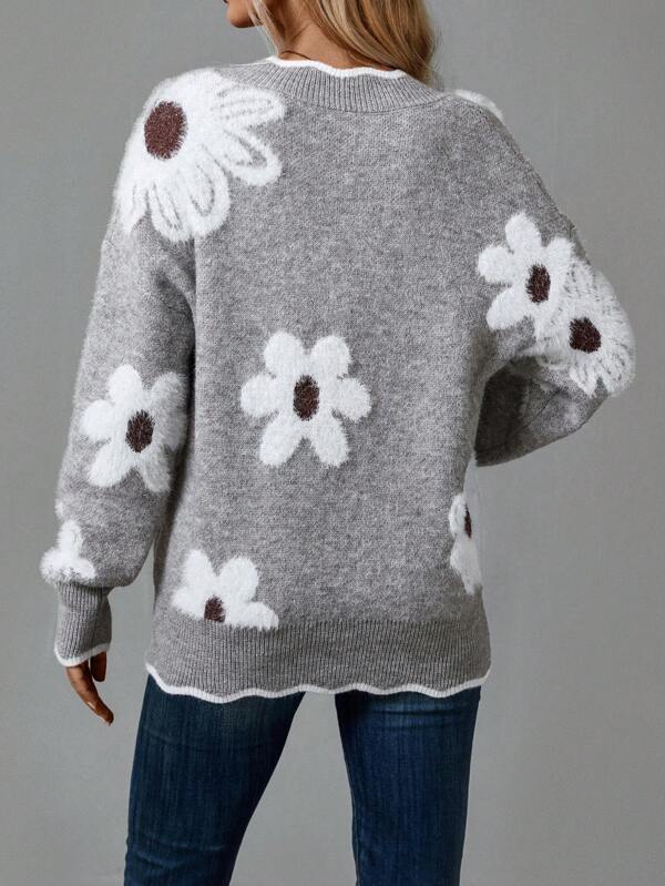 Drune | Grauer Pullover mit Blumen und V-Ausschnitt
