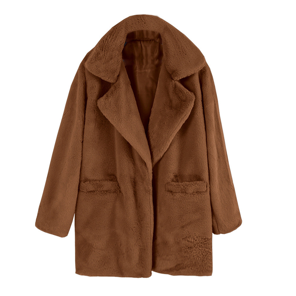 Damen Teddy-Faux-Fur Mantel mit Reverskragen und aufgesetzten Taschen Drune